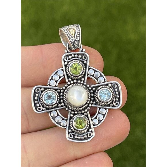 18k Gold and Sterling Silver Pendant Cross Bali Suarti Signed Topaz Peridot - Picture 4 of 7